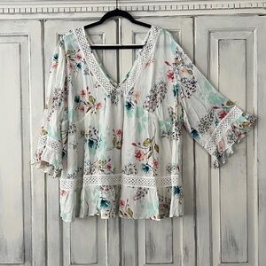 🟠NWT DR2 by DANIEL RAINN Ruffle Sleeve and Crochet Detail Top in Floral Print 1X